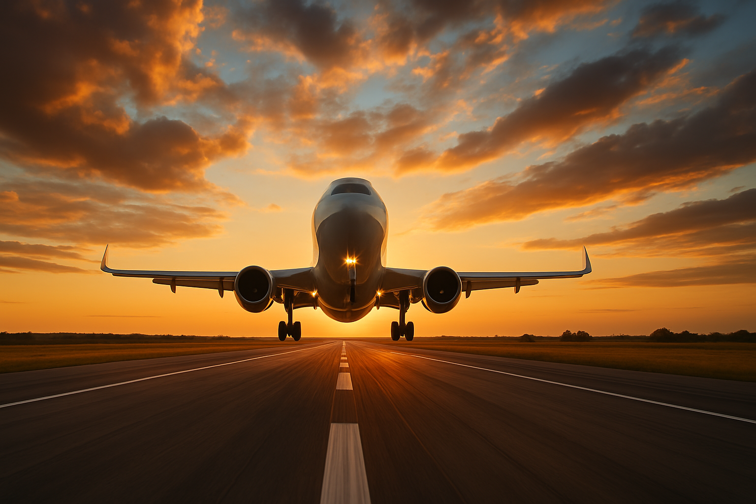Commercial airplane taking off at golden hour